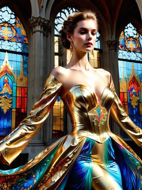 (Gold Leaf Art:1.5), A photo of an exquisite dress，Its design is influenced by the art of glass gold leaf with bright colors and rich patterns.，This dress has a spectrum of gold foil luster，The richness of the cathedral windows，Deep metallic gold foil hue，...