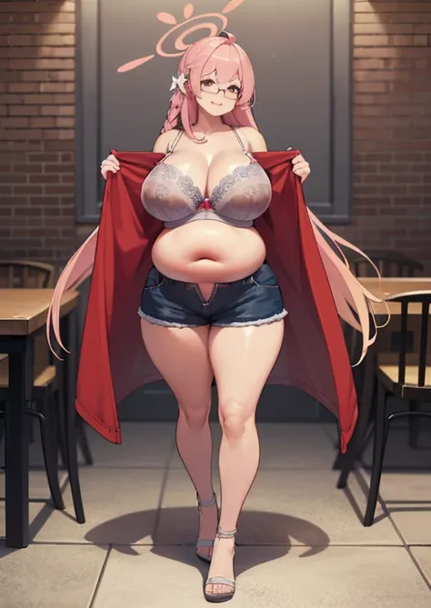 (masterpiece, best quality, highly detailed), 1girls, big belly, huge belly, art by kipteitei, round belly, chubby, curvy, belly grab, enormous belly, fat belly, thicc, bigger belly, really big belly, jiggly belly, glasses, unzipped jacket, (no shirt), bra...