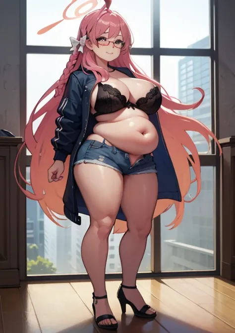 (masterpiece, best quality, highly detailed), 1girls, big belly, huge belly, art by kipteitei, round belly, chubby, curvy, belly grab, enormous belly, fat belly, thicc, bigger belly, really big belly, jiggly belly, glasses, unzipped jacket, (no shirt), bra...