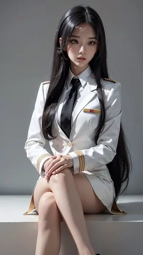 Beautiful girl with two meter long hair, long black hair, wearing a white women&#39;s suit, Wear a suit over the outside., (white women&#39;s suit), (white shirt), (Thai women&#39;s short black necktie), (Military rank insignia), (Short white pencil skirt)...