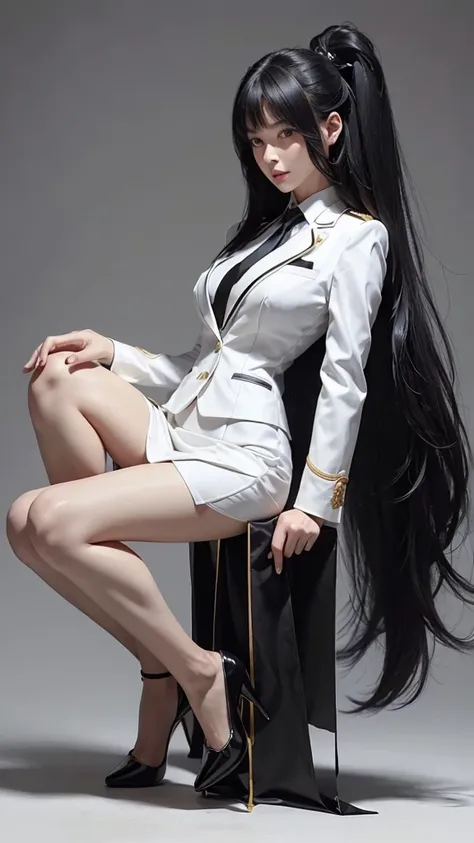 Beautiful girl with two meter long hair, long black hair, wearing a white women&#39;s suit, Wear a suit over the outside., (white women&#39;s suit), (white shirt), (Thai women&#39;s short black necktie), (Military rank insignia), (Short white pencil skirt)...