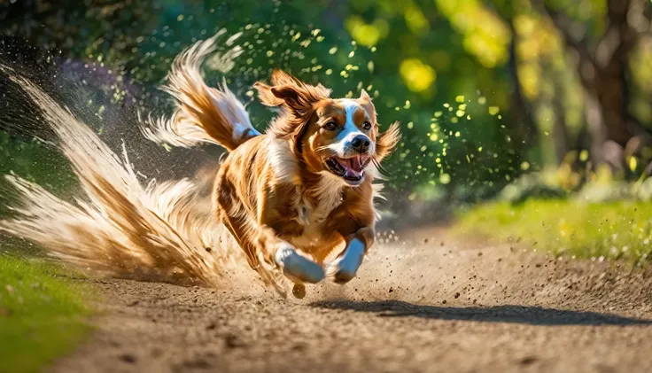 (best quality,4k,8k,highres,masterpiece:1.2),ultra-detailed,(realistic,photorealistic,photo-realistic:1.37),fast-moving motion-blur dog,shadows,tracking challenge,splashes of colors,action-packed,energetic,blurred background,speed,running,paw prints,dynami...