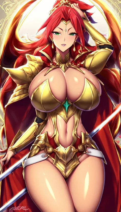 
A fiery-red-haired vixen with piercing green eyes, she wields a sword with grace and power. Her body is lean and fit, with curves that can make any mans heart race. Her skin is smooth and supple, with a golden tan that highlights her radiant beauty. Her o...