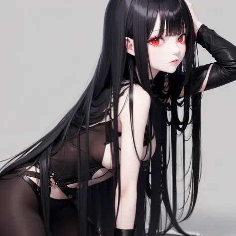 Female, red eyes, long black hair with bangs, pale skin