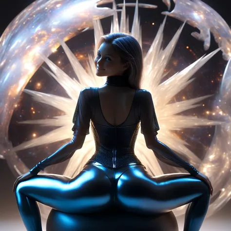 1girl, ass，Sitting astride a model planet， shiny legging， back view，Axisymmetric composition，Galaxy， anatomically correct，space background，Looking back and smiling，beautiful，(Best quality,4K,8K,A high resolution,Masterpiece:1.2), (Realistic,Photorealistic,...