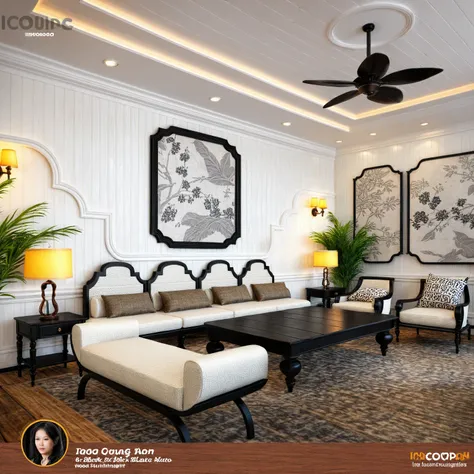 living room, sofa with chair and table indochine motif,, (indochine style:1.2), art paint wall, lamp, potted plant, wood floor, (white wall:1.2), (black wooden furnitures:1.5), interior design, (indochine furniture style), (An Cuong black Wooden Furniture ...