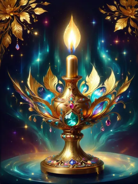 A vintage style gold leaf art oil painting，Depicts an exquisite golden candlestick，It is cast with exquisite and gorgeous gold foil patterns，Carefully placed on top of the candlestick is a majestic, (Metal crown:1.5)，Its jewels sparkled in the candlelight....