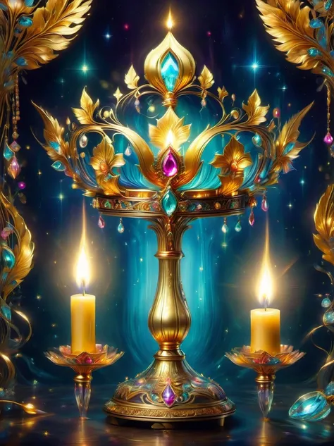 A vintage style gold leaf art oil painting，Depicts an exquisite golden candlestick，It is cast with exquisite and gorgeous gold foil patterns，Carefully placed on top of the candlestick is a majestic, (Metal crown:1.5)，Its jewels sparkled in the candlelight....