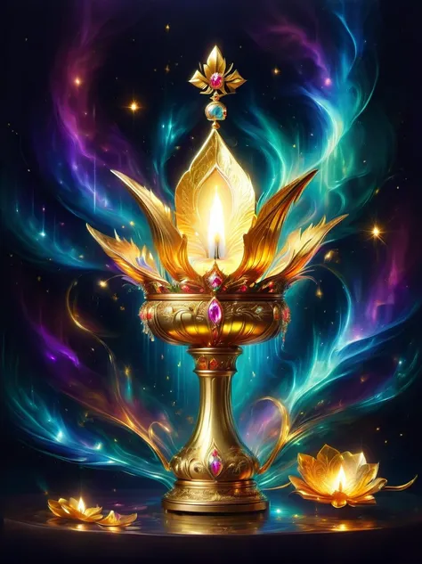 A vintage style gold leaf art oil painting，Depicts an exquisite golden candlestick，It is cast with exquisite and gorgeous gold foil patterns，Carefully placed on top of the candlestick is a majestic, (Metal crown:1.5)，Its jewels sparkled in the candlelight....