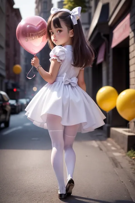 ((holding a ballon)), (((full body))), real photo, 10 years old girl, Brat female , ((looking back at me)), white tights wear, dress shoes,