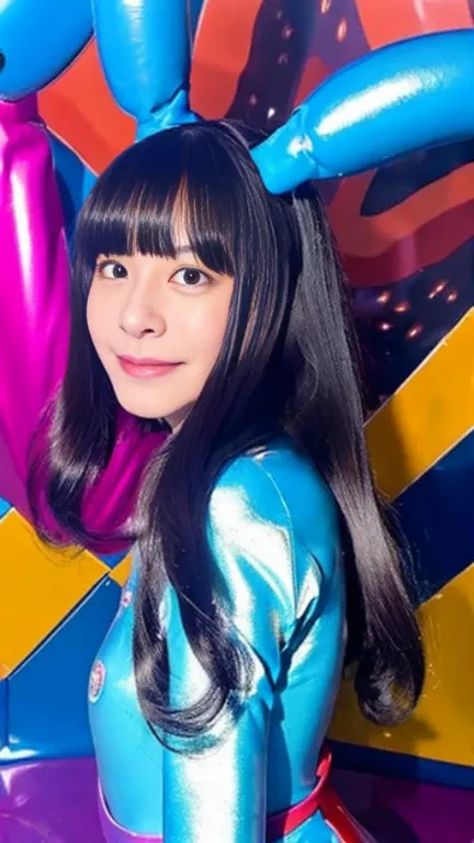 live-action　female kindergartener　Shiny hair　Slime monster transformation　Inside the spaceship　wearing a rubber suit　long straight hair　Long ballet shoes　Multiple people　Enamel costume　Japanese