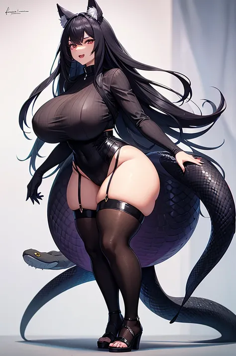 thicc woman, snake hybrid ,, huge sharp teeth , tall , full body