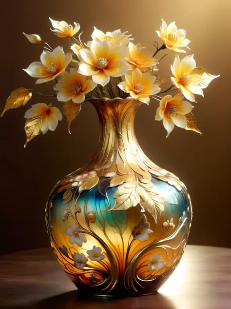 (gold leaf art:1.6), a delicate vase made of artistic murano glass with gold leaf，various shades of gold foil colors shimmer in ...