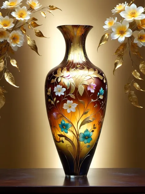 (Gold Leaf Art:1.6), A delicate vase made of artistic Murano glass with gold leaf，Various shades of gold foil colors shimmer in the golden morning sun，The beautiful pattern on the vase is like the graceful curves of gold foil，Like a melody in a dance，(The ...