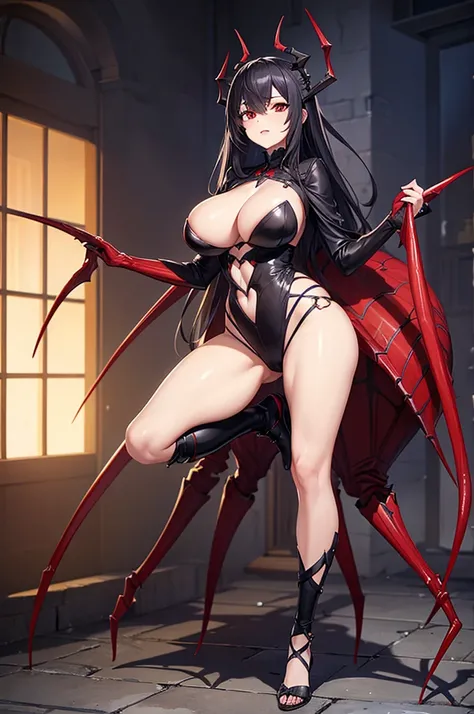 hot woman, spider hybrid , huge sharp spider teeth , tall , full body,