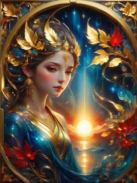 (Gold Leaf Art:1.6), Intricately designed gold leaf art glass windows，Full of red，blue，and golden hues，Gold leaf art brings religious imagery to life，The windows are bathed in soft golden sunlight，Create an ethereal atmosphere around，The presence of figure...