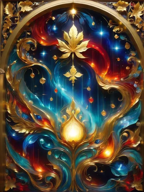 (Gold Leaf Art:1.6), Intricately designed gold leaf art glass windows，Full of red，blue，and golden hues，Gold leaf art brings religious imagery to life，The windows are bathed in soft golden sunlight，Create an ethereal atmosphere around，The presence of figure...