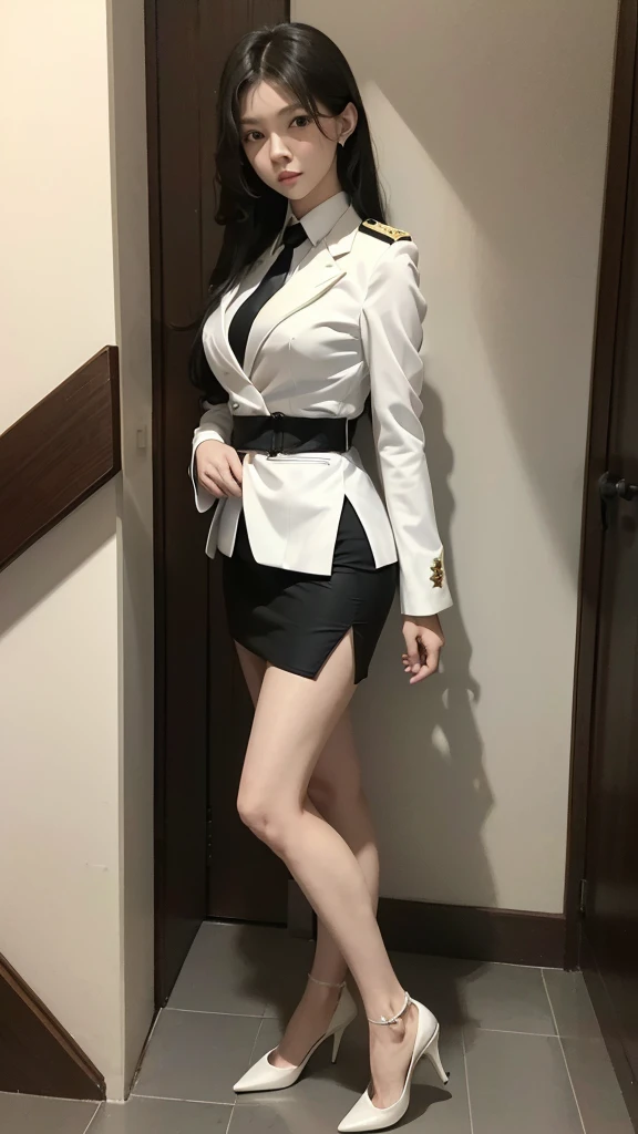 Beautiful girl with two meter long hair, long black hair, (ใส่สูทผู้หญิงwhite, Wear a suit over the outside.), (ชุดสูทผู้หญิงwhite), (เสื้อเชิ้ตwhite), (Thai women&#39;s short black necktie), (Military rank insignia), (short pencil skirtwhite), tight, (dyn...