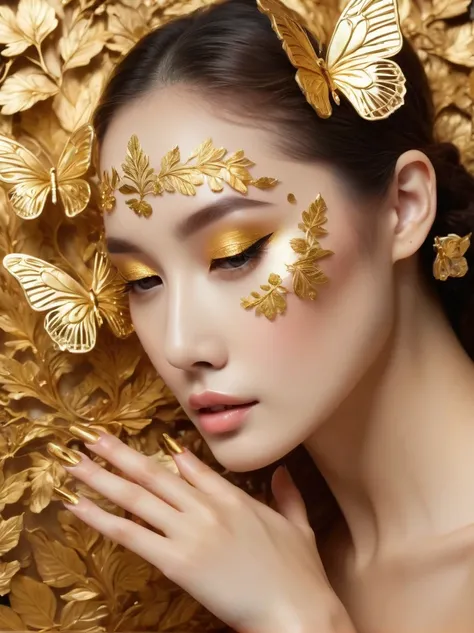 (Gold Leaf Art:1.5), (Long nails painted with gold foil:1.5)，(5 fingernails:1.5)，Close-up depiction of nail art design shows intricate gold foil butterfly pattern，In soft gold foil tones，exquisite details，Complexity，Sophistication，lifelike，Its artistry is ...