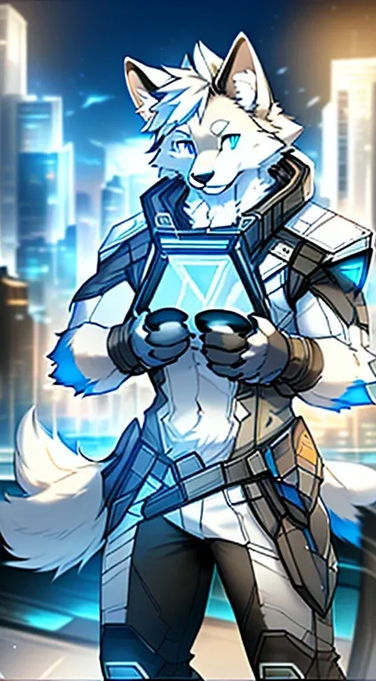 Front view, (mass effect game):1.4 full height, anthro (white wolf), male, white wolf, adult, solo, skinny:1, slim:1 build, tall,  (brown:1 futuristic high tech cloths, brown vest, coat), dark pants, robotic paws, correct anatomy, tail, skinny:1.9, (white:...