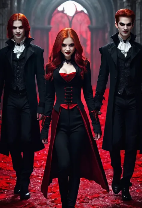 masterpiece, best quality, highres, 1girl, solo, modern vampire, red hair, long hair, open hair, red eyes, evil smile, 2 young boys on her both sides, both vampires with red hair, red and black outfit, scary background