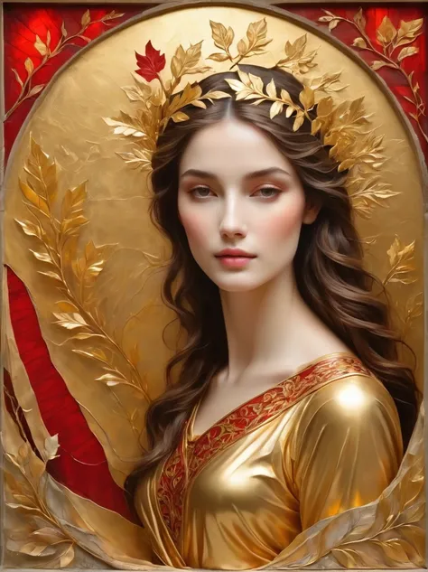 (Gold Leaf Art:1.6), Intricately designed gold leaf art glass windows，Full of red，blue，and golden hues，Gold leaf art brings religious imagery to life，The windows are bathed in soft golden sunlight，Create an ethereal atmosphere around，The presence of figure...