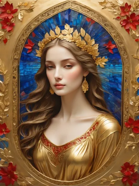 (Gold Leaf Art:1.6), Intricately designed gold leaf art glass windows，Full of red，blue，and golden hues，Gold leaf art brings religious imagery to life，The windows are bathed in soft golden sunlight，Create an ethereal atmosphere around，The presence of figure...