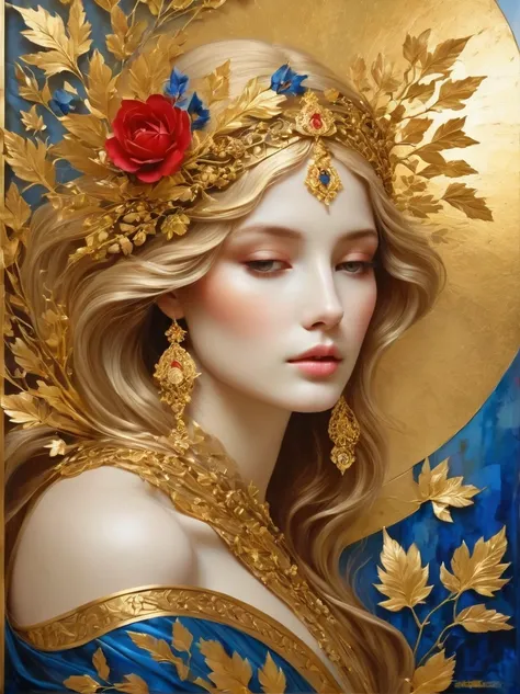 (Gold Leaf Art:1.6), Intricately designed gold leaf art glass windows，Full of red，blue，and golden hues，Gold leaf art brings religious imagery to life，The windows are bathed in soft golden sunlight，Create an ethereal atmosphere around，The presence of figure...