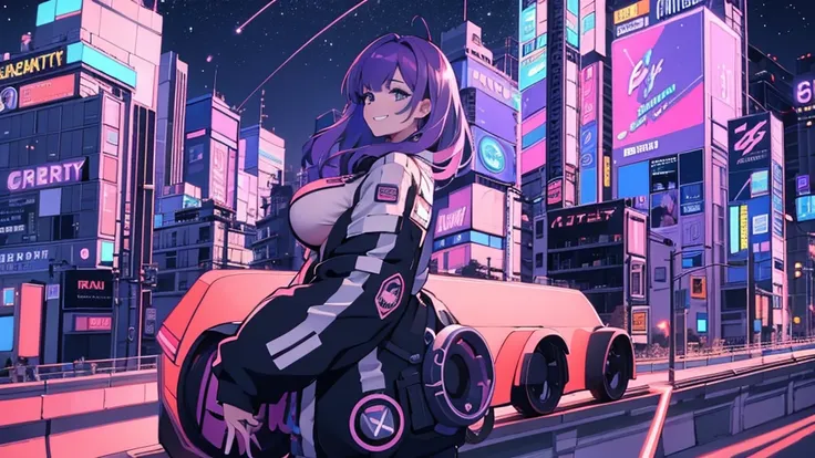 Best quality, (masterpiece:1.2), 1girl, night city wear, massive breast, perfect body, standing, smile, grinning expression, landscape is cyber punk city , at night , purplre hair