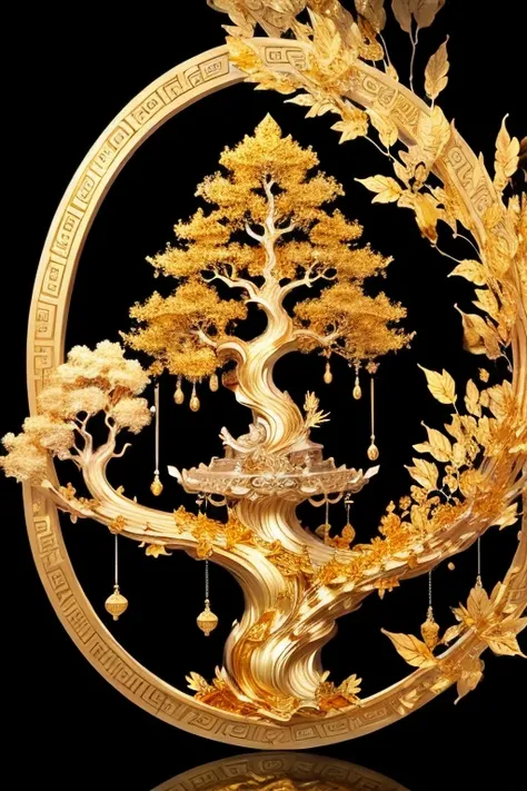 (gold leaf art:1.5)，the black and gold-rimmed bodhi tree fell from the sky, dunhuang murals as background, minimalist, line art,...