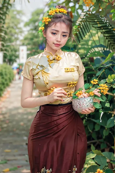 Burmas long-lasting body is full of sensuality, and the beauty of the body outline is too revealing. The long skirt she wears highlights her high hips. The beauty under the dress is so beautiful that the eye can see. She wears bright yellow flowers, smiles...