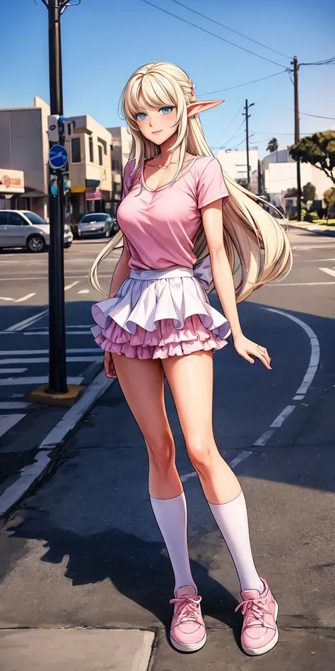 dark elf female, pirotess, full body, beautiful, (masterpiece:1.2), (best quality:1.2), Beautiful 10-year-old white girl with blue eyes, long swept-back straight blond hair, Happy), Pink and white frilly miniskirt, pink shirt, pink socks, white sneakers, C...