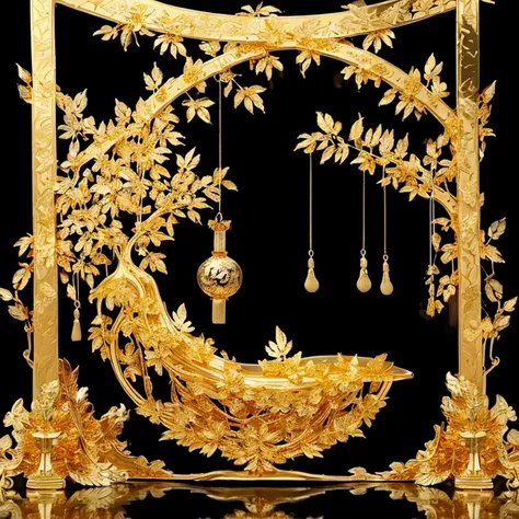 (gold leaf art:1.5)，the black and gold-rimmed bodhi tree fell from the sky, dunhuang murals as background, minimalist, line art,...