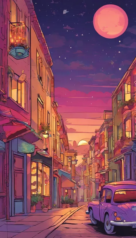 Sunset night in a rural town, focus up in the sky, purple color palette, flat color, flat art illustration, without realistic texture, no realistic texture, no detailed textures, stars in the sky, moon in the sky, illustration for Smartphone background scr...