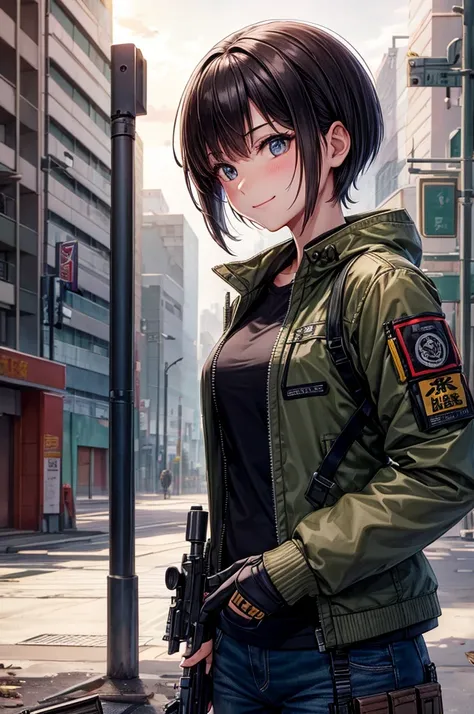 best quality,high quality,high resolution,1girl,beautiful face,short hair,sad smile,tactical clothes, jacket,gun,(machine gun),tokyo city,abandoned building,night