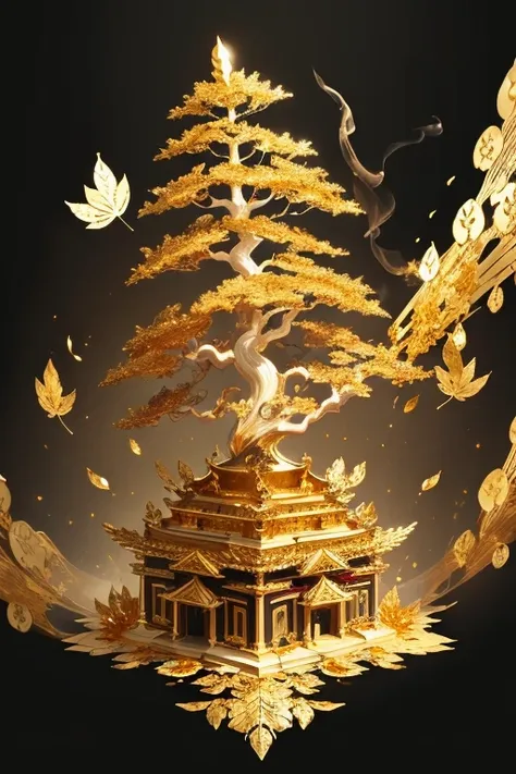 (gold leaf art:1.5)，the black and gold-rimmed bodhi tree fell from the sky, dunhuang murals as background, minimalist, line art,...