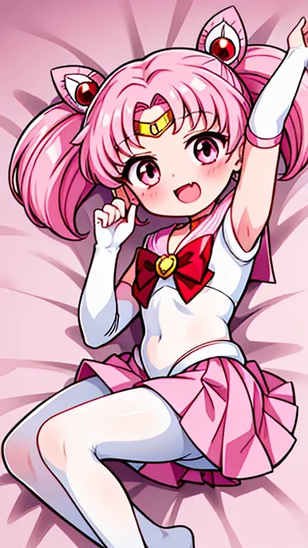 Sailor Moon，childhood，Seven years old，Cute little loli，Pink hair twintails，short hair，Sailor suit，red bow，White elbow gloves，Red Skirt，lying down，no shoes，Open your mouth，laughing out loud，fangs，(white pantyhose),(white pantyhose)