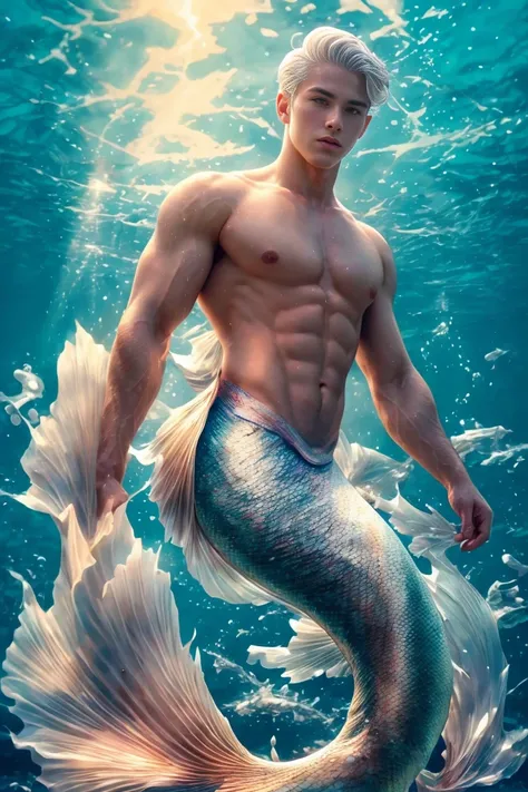 1 male mermaid, (male mermaid model) hot skin, masterpiece, top quality, the most handsome mermaid in the world, tan quan, perfe...