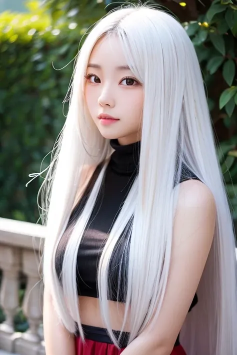 a sexy American-Korean girl with long white hair