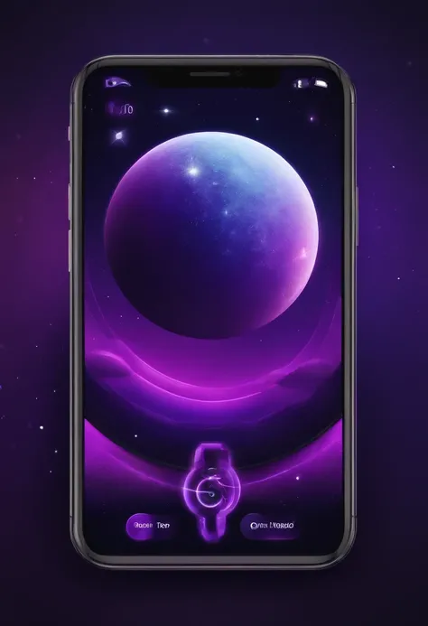 Purple logo for social media mobile app called mikrokosmos with planets elements 