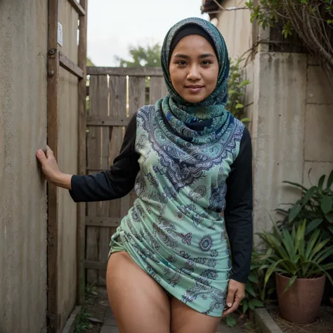 A 52 years old naked Indonesian woman in hijab, very dense pubic hair, dark skin, curvy body, short body, flat-chested, small breasts, villager, poor girl, wearing paisley pattern light green hijab, wearing paisley pattern light green long sleeve tight t-s...