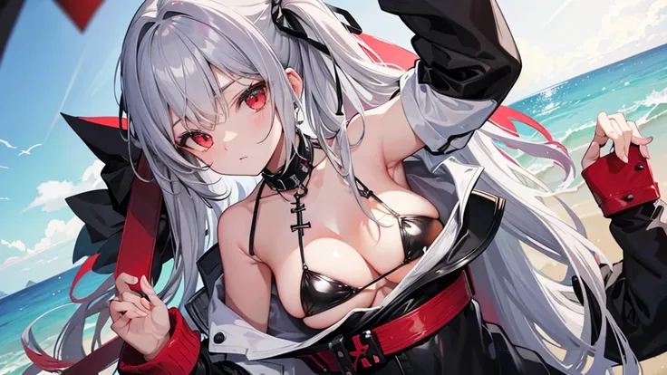 Long gray hair,blood red eyes,Necklace with cross,Wearing a black and white goth bikini,beach,beach球,Woman on top position