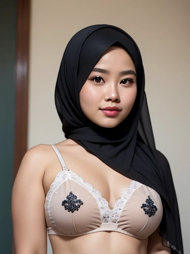 (iu:0.8),((small round breast)),  chubby, RAW, Best quality, high resolution, Masterpiece: 1.3, Beautiful glasses javanese woman in translucent hijab, Masterpiece, Perfect slim body, perfect face, bulge nipples, Soft smile, Wearing no panties 