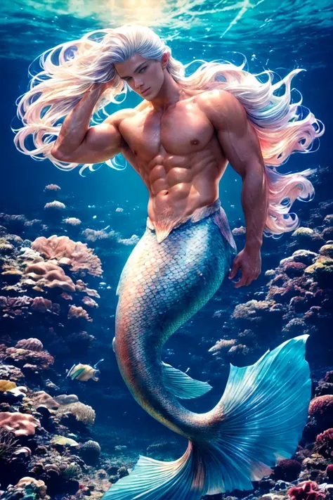 1 Male Mermaid, (Male Mermaid Model) Hot skin, masterpiece, top quality, The most handsome mermaid in the world, Tan Quan, Perfect body, chest muscles，abdominal muscles，Beautiful male model, Attractive male lead 20-25 perfect age, white hair, Blue Eyes，sum...