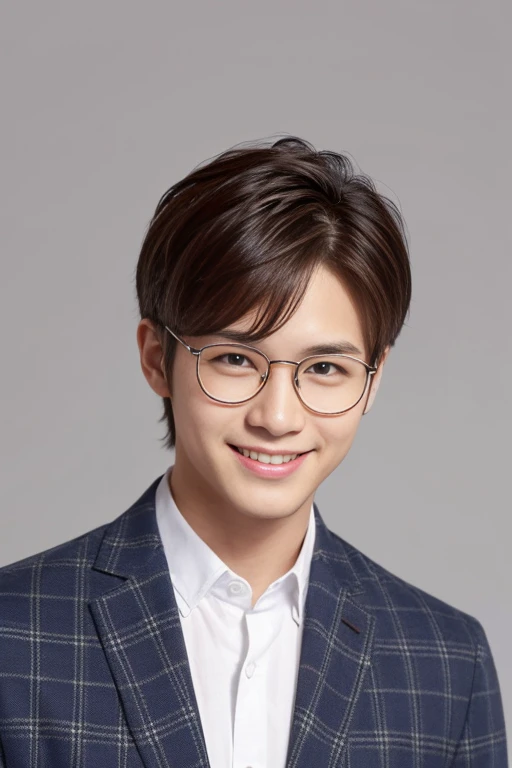 White casual shirt,without background,Classic glasses,Hairstyle divided into centers,age 20s,bishounen,jpn,1 male,Refreshing,smile