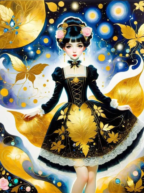 (Gold Leaf Art Style:1.6), gothic lolita, cute, 1girl, solo, full body, black sofa, black dress, absurdres, white lace, ((Marc Chagall style)), magical naive art, primitivism, protogenes, (Higher detail), (gold leaf art:1.5), Best quality, masterpiece, 8k