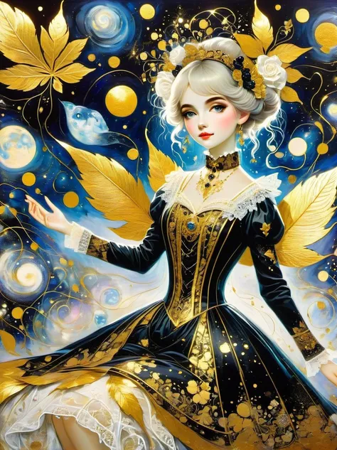 (Gold Leaf Art Style:1.6), gothic lolita, cute, 1girl, solo, full body, black sofa, black dress, absurdres, white lace, ((Marc Chagall style)), magical naive art, primitivism, protogenes, (Higher detail), (gold leaf art:1.5), Best quality, masterpiece, 8k