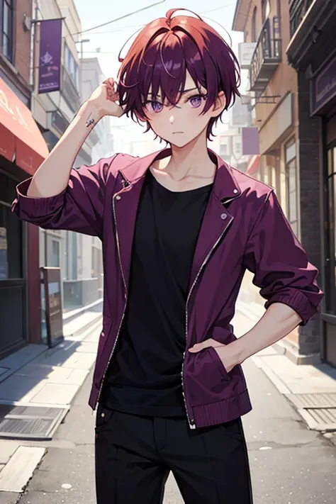 1 boy, short red hair with purple streaks, purple eyes, black clothes.