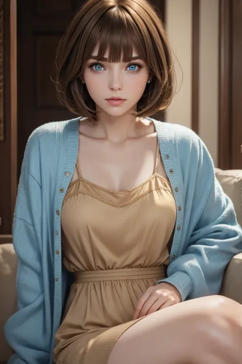 light brown hair　Short bob with bangs　light blue ribbon　golden eyes　woman　２０age　　　live-action