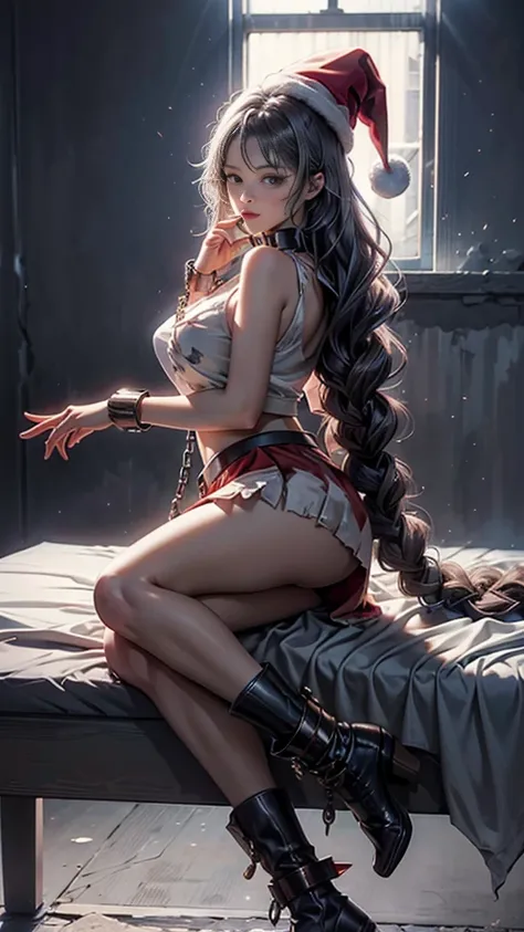 (top quality,8K quality,​Masterpiece:1.3,hight resolutiexist,on the table:1.2), Detained women, looking at camera,(Red Santa Claus Costume,santa hat,Slit super mini skirt,,collar,boots:1.2),(round gag, Open your mouth and gag:1.1),(Shoulder length hair,lig...